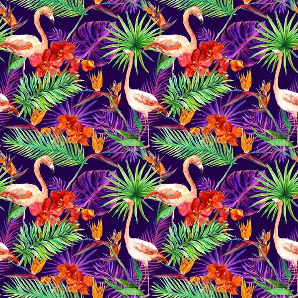 Tropiska exotiska blad, orkidé blommor, neonljus. Seamless mönster. Akvarell — Stockfoto