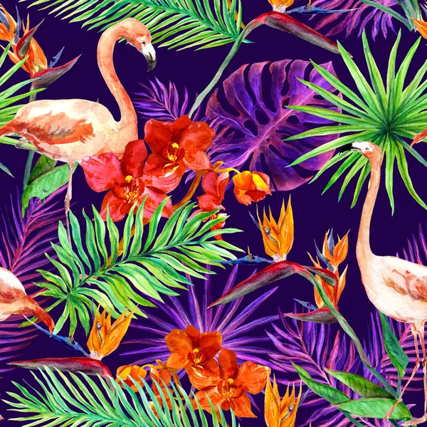 Foglie esotiche tropicali, fiori di orchidea, luce al neon. Schema senza soluzione di continuità. Acquerello — Foto Stock