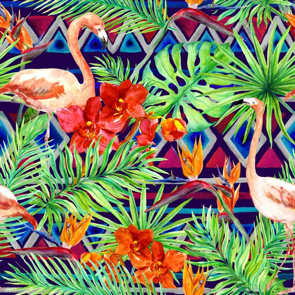 Tribal pattern, tropical leaves, flamingo birds. Repeated native background. Watercolor