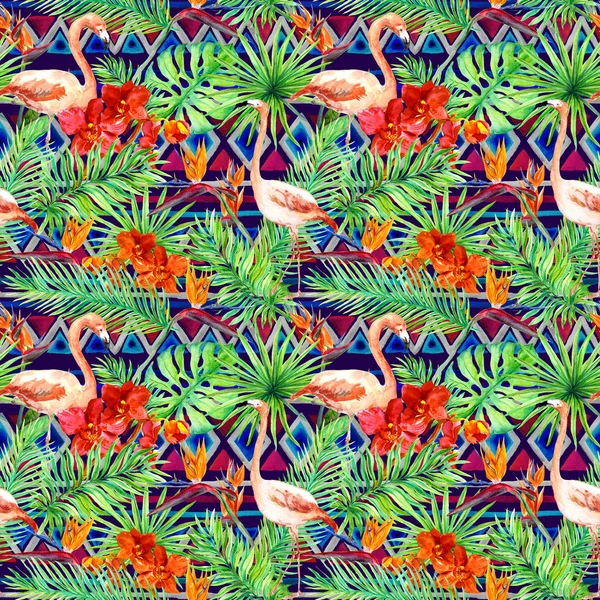 Tribal pattern, tropical leaves, flamingo birds. Repeated ethnic background. Watercolor — Stock Photo, Image