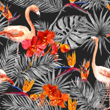 Flamingo, tropikal yaprak, egzotik çiçekler. Seamless modeli, siyah arka plan. Suluboya