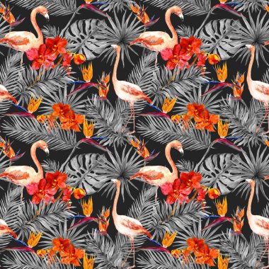 Flamingo, tropikal yaprak, egzotik çiçekler. Seamless modeli, siyah arka plan. Suluboya