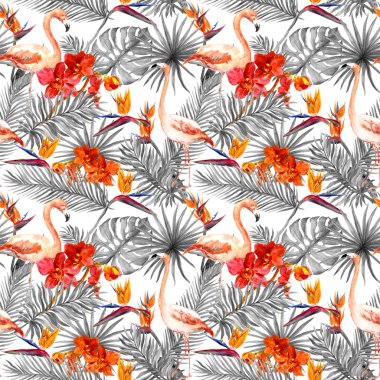 Flamingo, tropikal yaprak, egzotik çiçekler. Seamlessmonochrome tarafsız arka plan. Suluboya