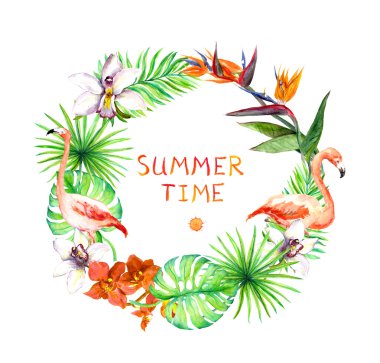 Tropikal, egzotik flamingo kuşları, orkide çiçek bırakır. Çelenk çerçeve. Suluboya