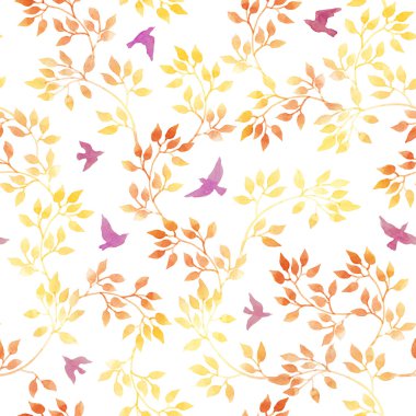 Sarı yapraklar, şirin kuş. Vintage suluboya sonbahar seamless modeli saf tasarım