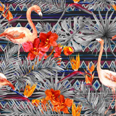 Flamingo, tropikal yaprak, egzotik çiçekler. Sorunsuz kabile arka plan. Suluboya