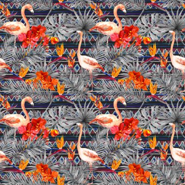 Flamingo, tropikal yaprak, egzotik çiçekler. Sorunsuz kabile arka plan. Suluboya