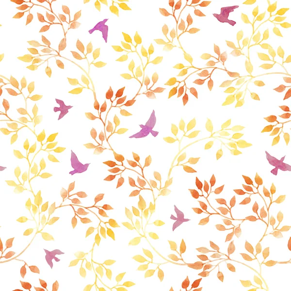 Feuilles jaunes, oiseaux mignons. Vintage aquarelle automne motif sans couture dans la conception naïve — Photo