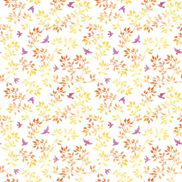 Autumn leaves and cute birds. Watercolor seamless pattern — Stock Photo, Image