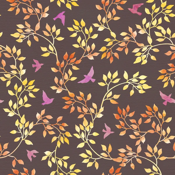 Gula blad, söta fåglar. Akvarell hösten seamless mönster, naiv stil — Stockfoto