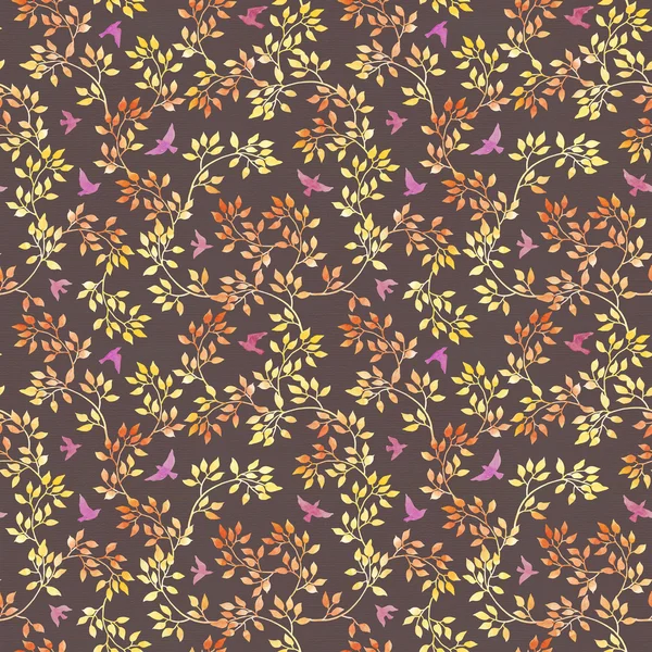 Autumn leaves, cute birds. Watercolor  seamless pattern — Stock Photo, Image