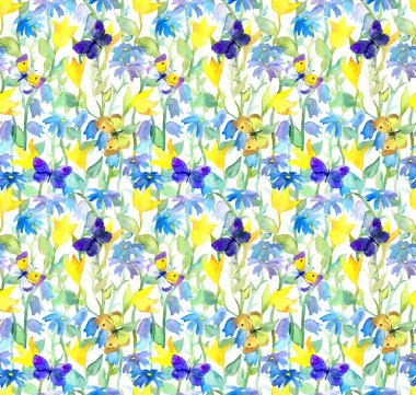 Çiçekler ve kelebekler. Suluboya çiçek seamless modeli. Suluboya