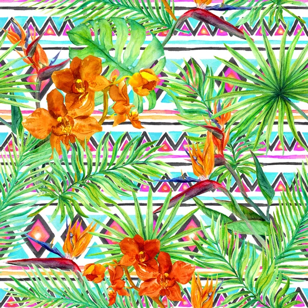 Tribal design, tropische bladeren, exotische bloemen. Herhalend patroon. Native aquarel — Stockfoto