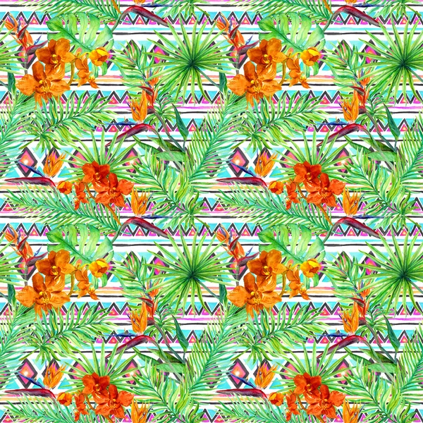 Tribal design, tropical leaves, exotic flowers. Repeating pattern. Ethnic watercolor — Stock Photo, Image