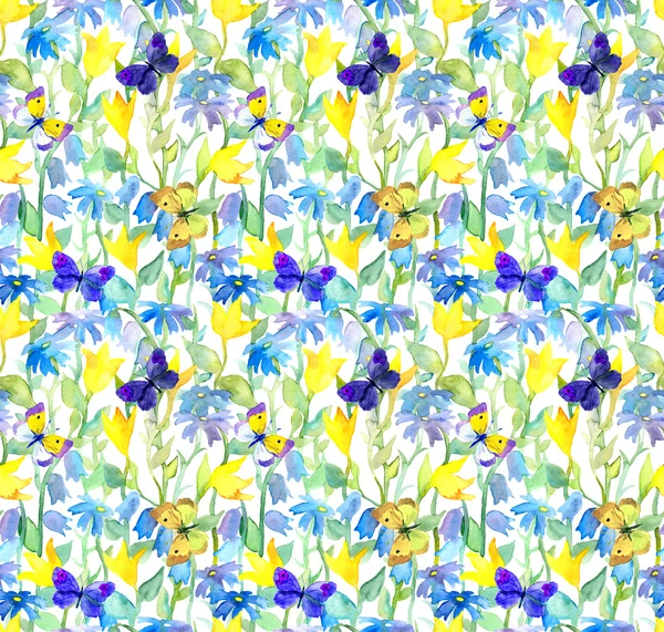 Λουλούδια και πεταλούδες. Ακουαρέλα λουλουδάτο μοτίβο άνευ ραφής. Ακουαρέλα — Φωτογραφία Αρχείου
