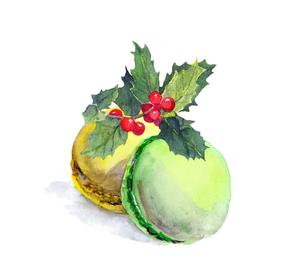 Soubory cookie - makaróny a vánoční jmelí. Akvarel — Stock fotografie