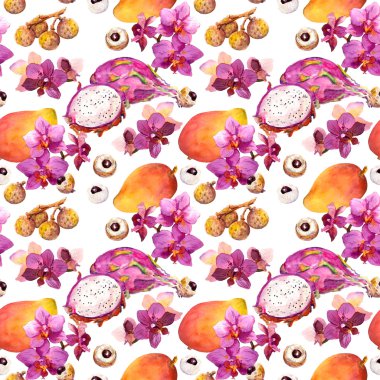Egzotik meyve Dikişsiz tropikal desen: mango, Çin ve orkide çiçekler. Suluboya