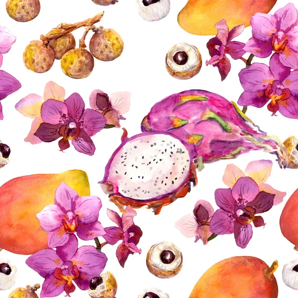 Exotic fruit seamless tropical pattern: mango, litchi and orchid flowers. Watercolor — Stock Photo, Image