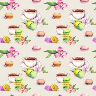 Bademli kurabiye kek, çay fincanı ve çiçekler. Güzel çay desen. Sorunsuz suluboya