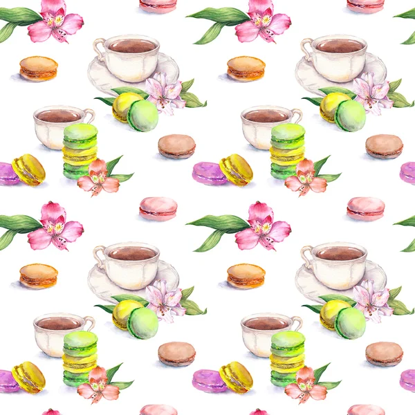 Macaroons sütemények, teáscsésze és virágok. Gyönyörű teatime minta. Varrat nélküli akvarell — Stock Fotó