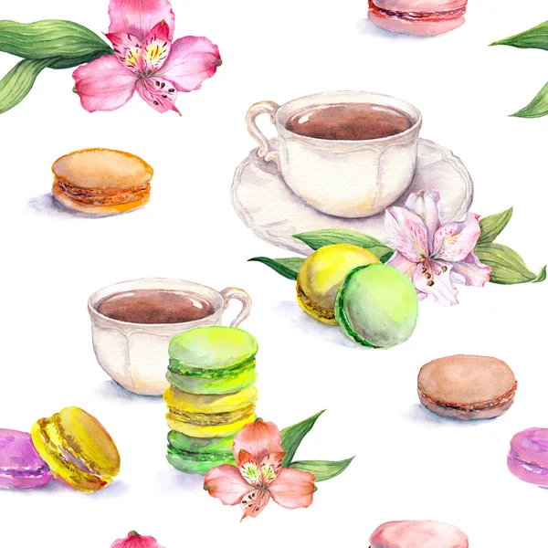 Macarons gâteaux, tasse à thé et fleurs. Modèle de teaparty. Aquarelle sans couture — Photo