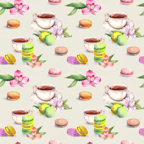 Bitterkoekjes cakes, theekopje en bloemen. Mooie thee patroon. Naadloze aquarel — Stockfoto