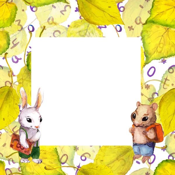 秋天的框架-学校动物-兔子，仓鼠，黄色的叶子。水彩 — 图库照片