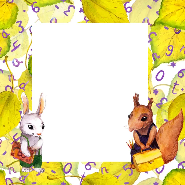 Autumn frame - school character animals, yellow leaves. Watercolor — Stock Photo, Image