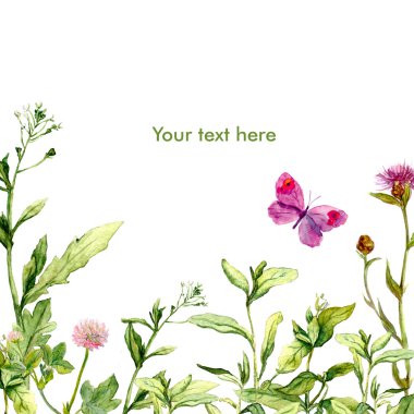 Çayır çimen ve kelebek suluboya çiçek tebrik kartı