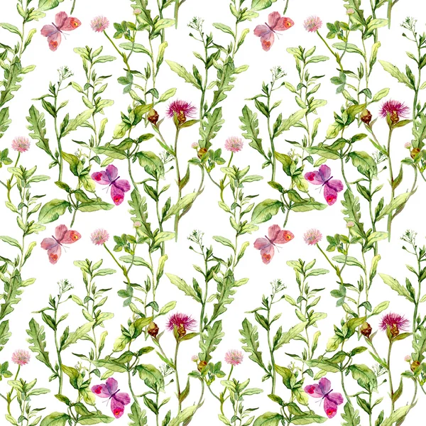 Meadow with butterflies, herbs and flowers. Seamless watercolor floral pattern. — Stock Photo, Image