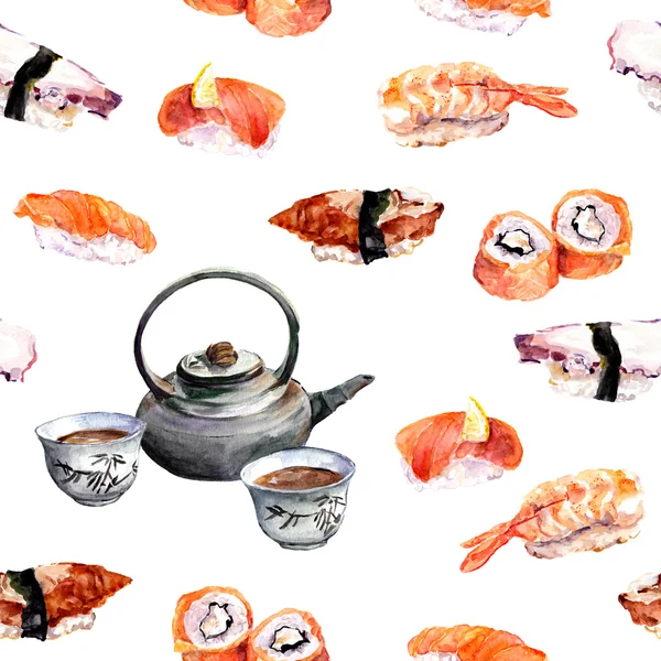 Sushi en thee. Naadloze terugkeerpatroon. Aquarel — Stockfoto