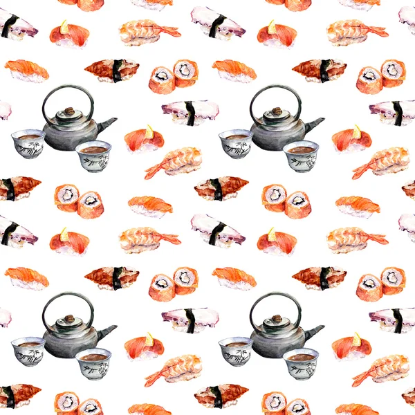 Diseño de sushi y té. Patrón sin costuras. Acuarela — Foto de Stock