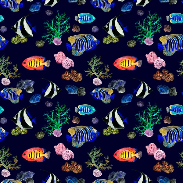 Exotische Fische, Meereskorallen. Neon-Beleuchtung nahtlosen Hintergrund. Aquarell — Stockfoto