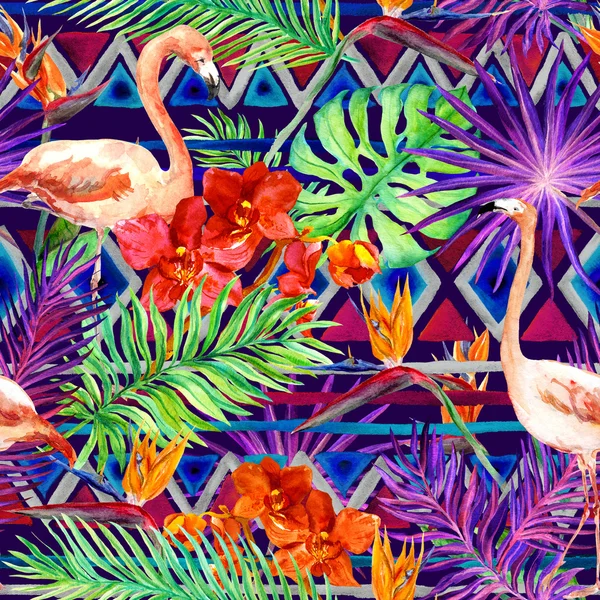 Tribal pattern, tropical leaves, flamingo birds. Repeated native background. Watercolor