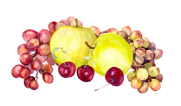 Акварельні фрукти: яблуко, виноград, вишня. акварелі — стокове фото