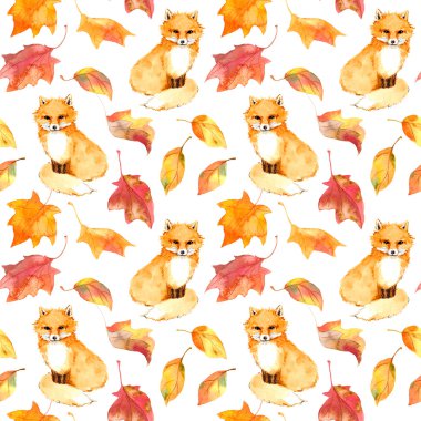 Sonbahar desen - şirin fox hayvan, kırmızı yaprakları. Sorunsuz suluboya
