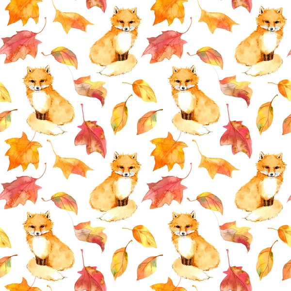 Sonbahar desen - şirin fox hayvan, kırmızı yaprakları. Sorunsuz suluboya — Stok fotoğraf