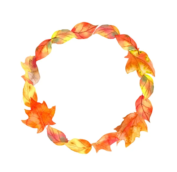 Hojas rojas. Corona de otoño. Borde círculo acuarela —  Fotos de Stock