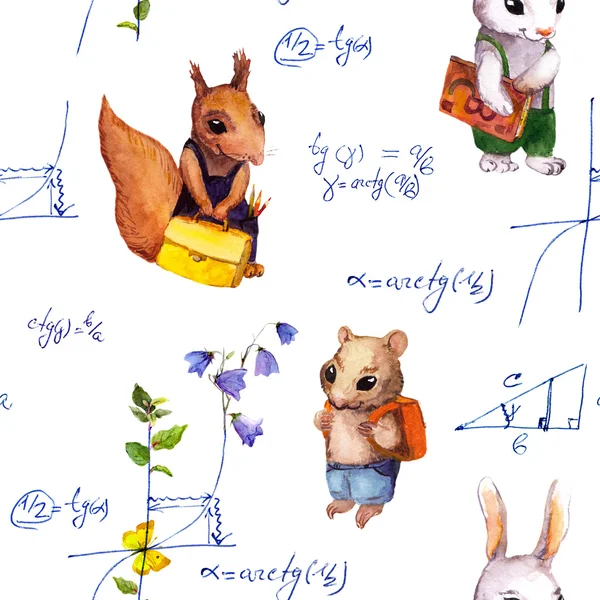 Padrão escolar sem costura com animais, fórmula matemática, flores. Aquarela — Fotografia de Stock