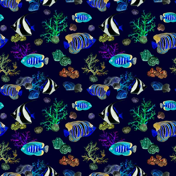 Exotic fishes, sea corals. Neon lighting seamless background. Watercolor — Stock Photo, Image