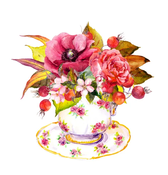 Tea cup - autumn leaves, rose flowers, berries. Watercolor — Stock Photo, Image