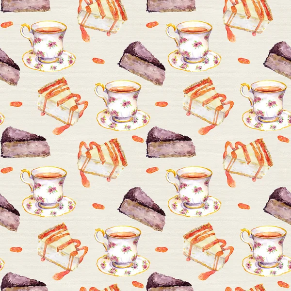 Varrat nélküli akvarell ízletes sablon - a teáscsésze, csokoládé torta, és sajttorta — Stock Fotó