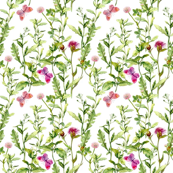 Spring meadow: grass, flowers with butterflies. Watercolor repeating pattern — Stock Photo, Image
