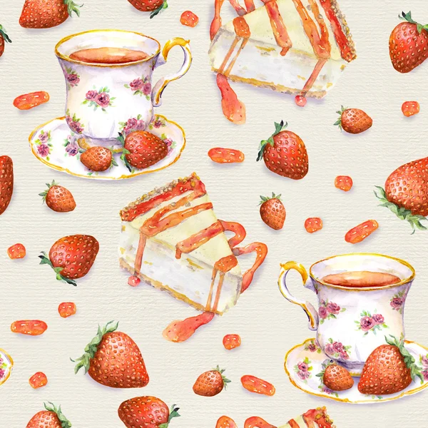 Τσάι με φόντο - κέικ, φλυτζάνι τσαγιού, φράουλα. Χωρίς ραφή πρότυπο. Ακουαρέλα — Φωτογραφία Αρχείου