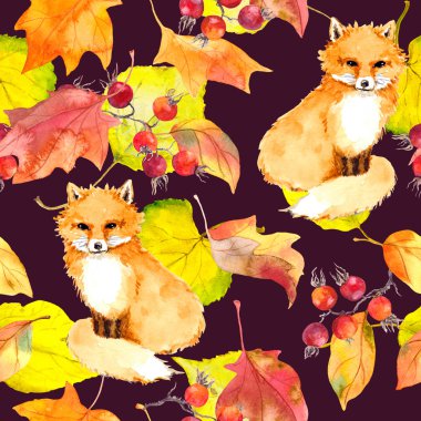 Sarı yapraklar, fox hayvan. Yinelenen sonbahar desen. Vintage suluboya