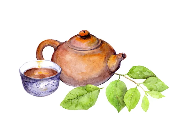 Japanese vintage teapot, tea cup and green leaves. Watercolor — Stock Photo, Image