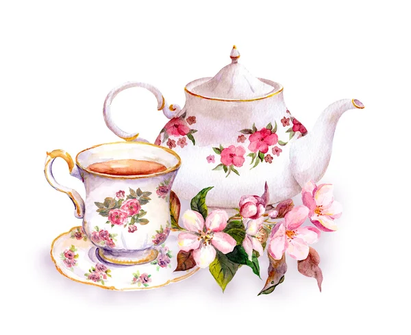 Tee - Tasse und Teekanne mit Blumen. Vintage-Aquarelldesign — Stockfoto