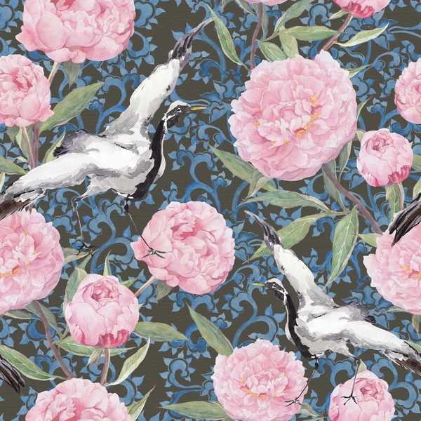 Crane fåglar, pion blommor. Upprepande kinesiska blommönster. Akvarell — Stockfoto