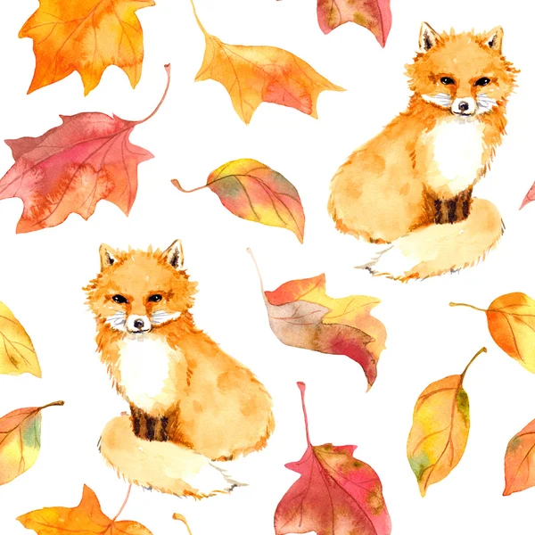 Autumn pattern - cute fox animal, red leaves. Seamless watercolor — Stock Photo, Image