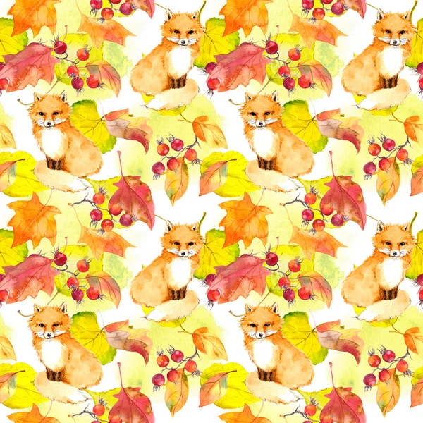 Gold leaves, fox animal. Seamless autumn pattern. Watercolor — Stock Photo, Image
